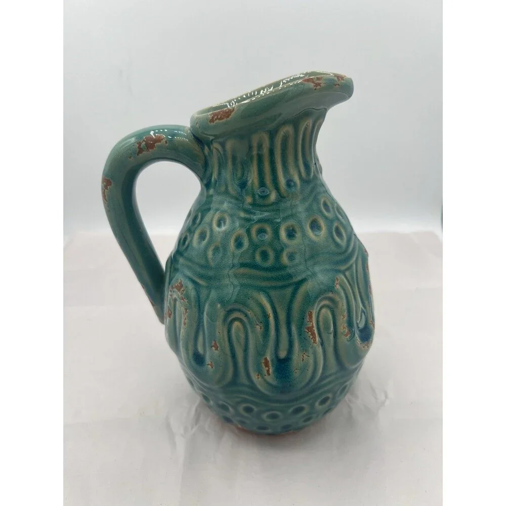 Turquoise Blue Creamer Pitcher Textured 8”